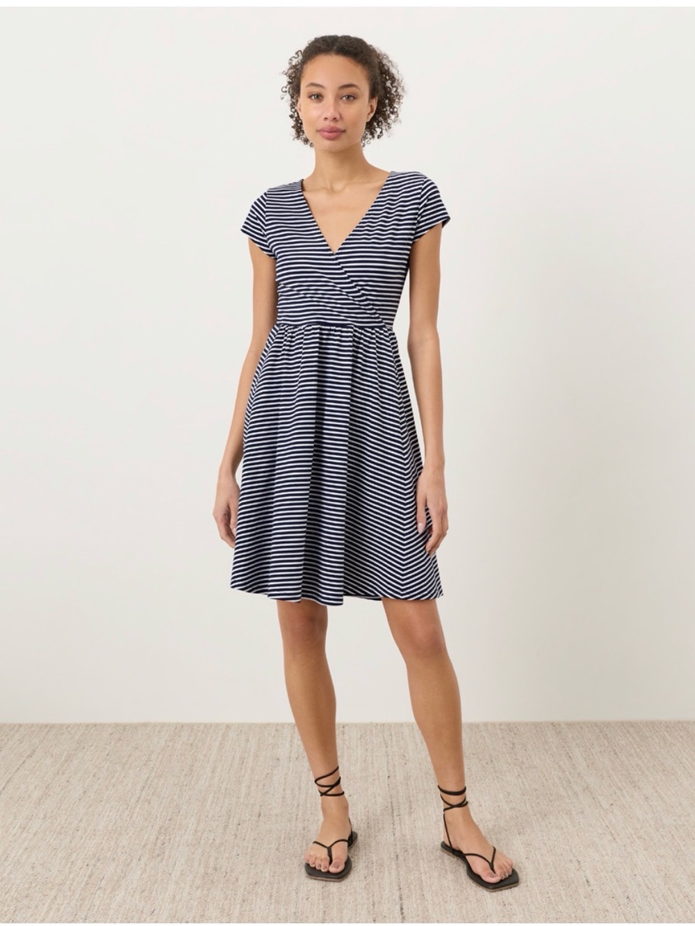 Pact Organic Fit & Flare Crossover Dress - Hudson Stripe Navy Blue NWOT